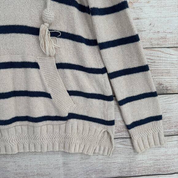 Faherty Kent Striped Hoodie Sweater Womens XS Ivory Blue Tassled Drawstring - Picture 6 of 13